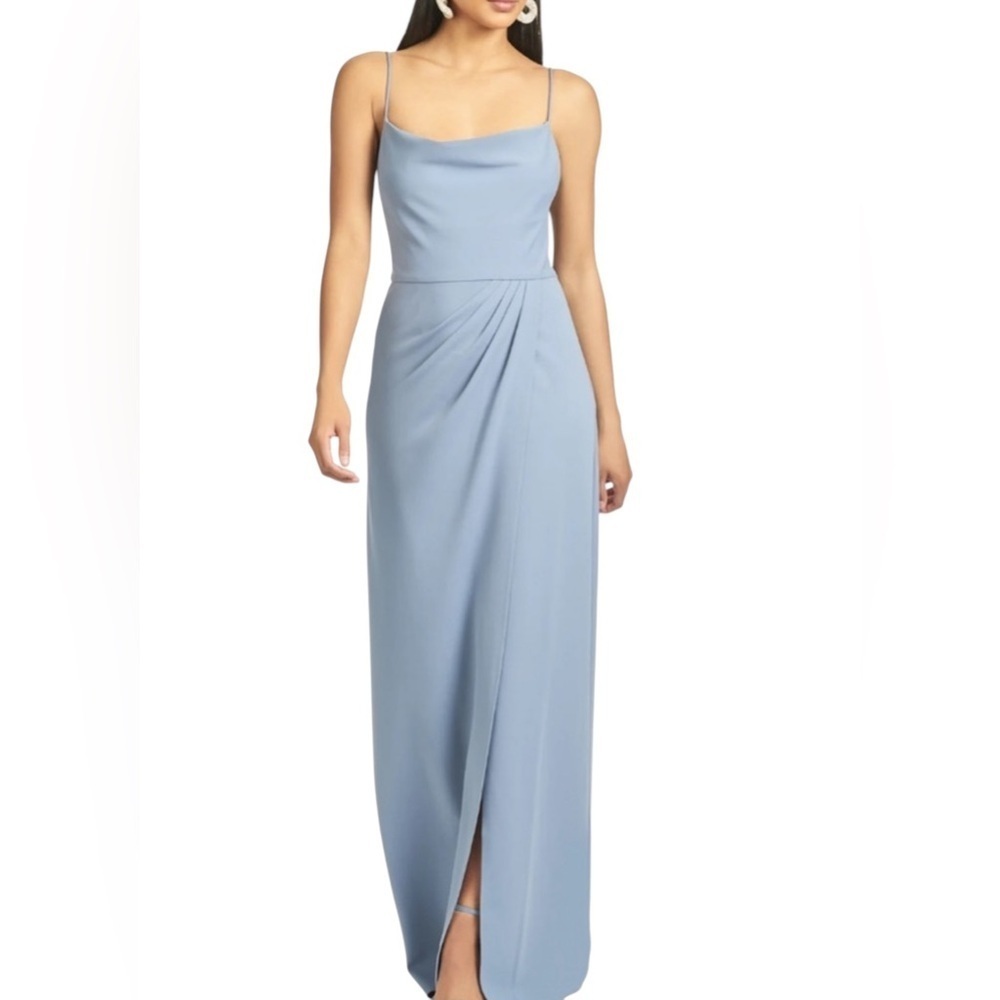 Sachin & Babi Paulina Gown Slate Blue Crepe Dress NWT Size 4 Cowl Neck